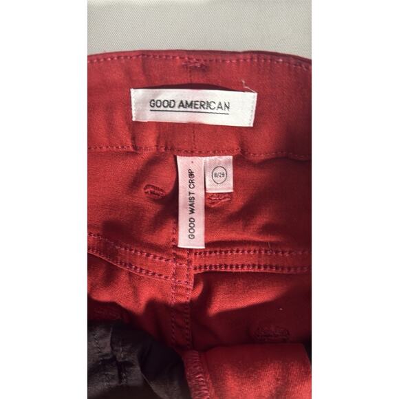 Good American Ruby Red Good Waist Crop Frayed Hem Jeans Size 8/29 Wax Coated - Picture 3 of 4
